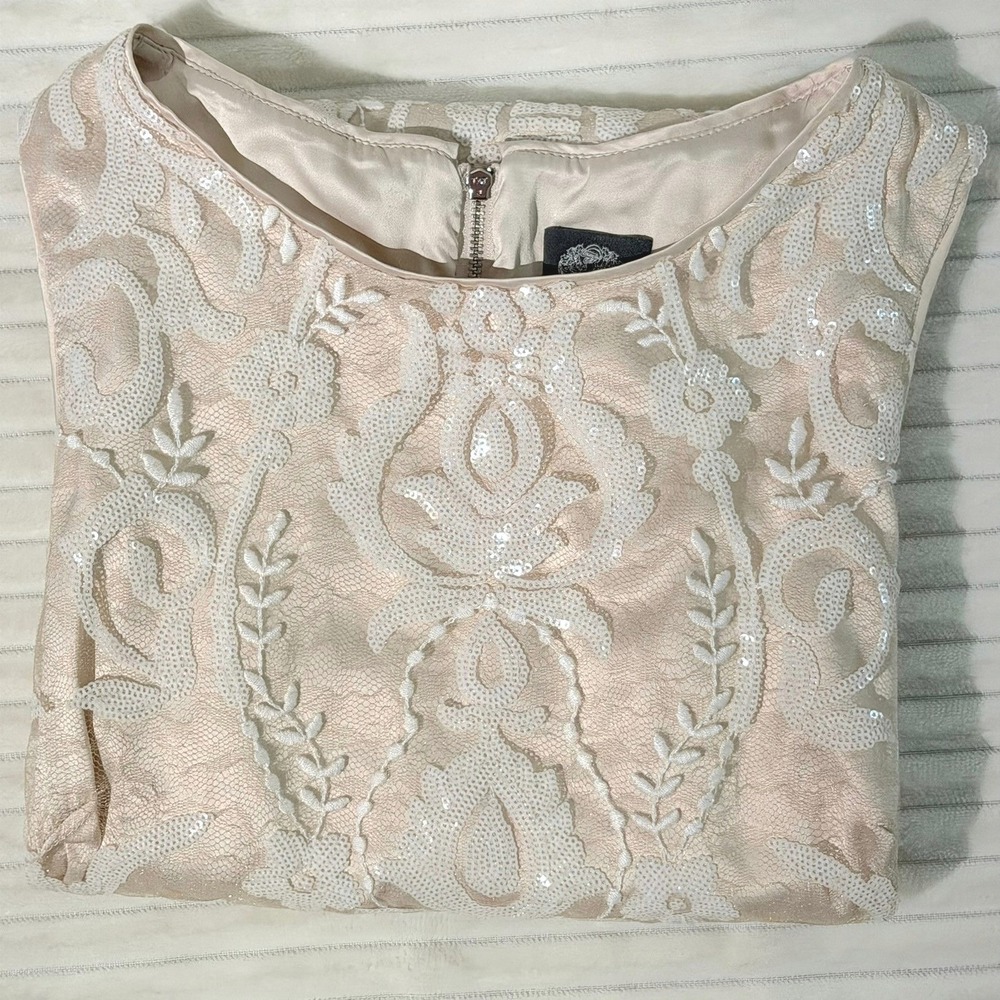Vince Camuto Women Champagne Sequin Lace Sleeveless Shift Dress Size 4 Cocktail